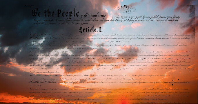 Digital image of written constitution of the United States moving in the screen with background of t