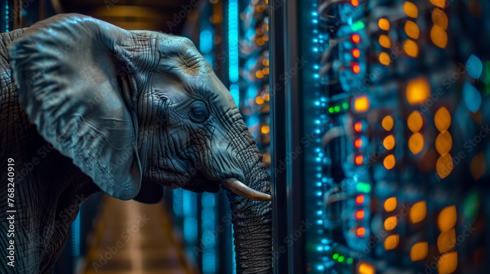 Poster Elephant Standing in Front of Row of Servers