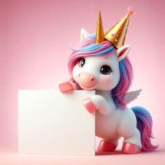 Small cute unicorn holding a blank sign for copy space, shaded realistic style