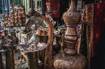 Coffee services on souvenirs stand on old bazaar in Sarajevo city, Bosnia and Herzegovina
