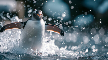 Playful Penguin Splashing in Icy Waters - obrazy, fototapety, plakaty