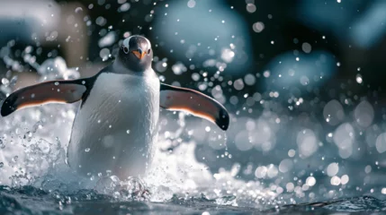 Badezimmer Foto Rückwand Playful Penguin Splashing in Icy Waters © PatternHousePk