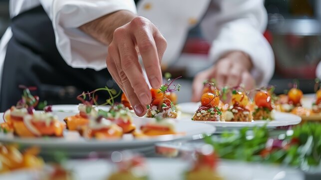 Chef decorating gourmet appetizers with herbs. Close-up of culinary presentation in upscale dining for menu and food design concept