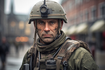 Soldier on battlefield. Military operation. Military job offer. Army professions. World War. Turf war. AI.