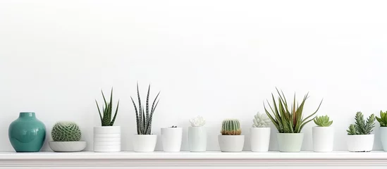 Gordijnen Assortment of various potted plants displayed neatly on a white shelf, showcasing different types of foliage and sizes © TheWaterMeloonProjec
