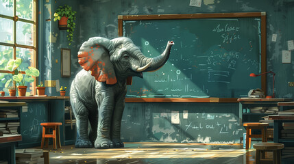 Elephant Standing in Front of Chalkboard - obrazy, fototapety, plakaty