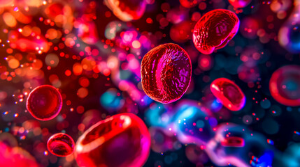 Digital illustration of red blood cells in a vivid, microscopic environment