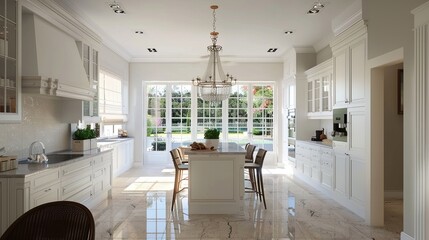 A vintage mansion presenting a white modern kitchen, blending classic charm with contemporary design