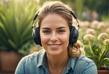 A woman wears headphones while gardening, combining her love for music and plants.