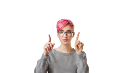 Portrait of a woman with short pink hair isolated on transparent background pointing up