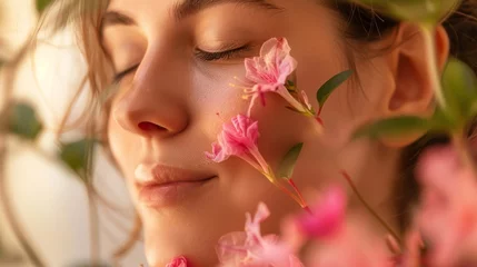 Fototapeten Woman with azalea flowers on face. Macro beauty shot with floral arrangement. Beauty and skincare concept with natural elements. © ANStudio