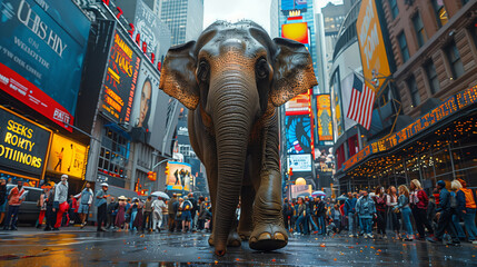 Elephant Walking Down City Street in Rain