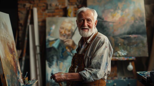 Portrait of an elderly male artist in his studio, looking at the viewer with a confident and surprised expression
