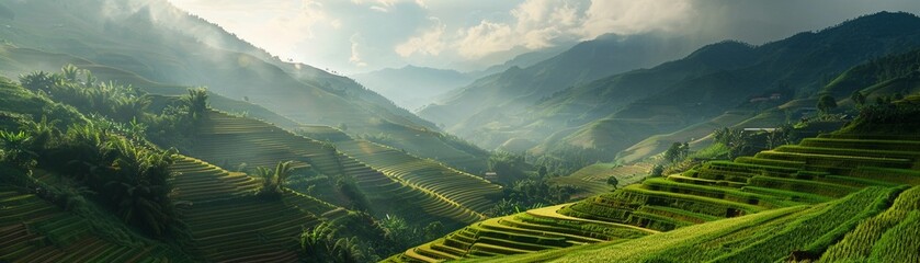 Fototapeta na wymiar A Breathtaking view of terraced rice paddies carved into the mountainous landscape