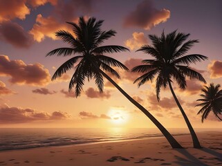 Tropical sandy beach with palm trees on sunset