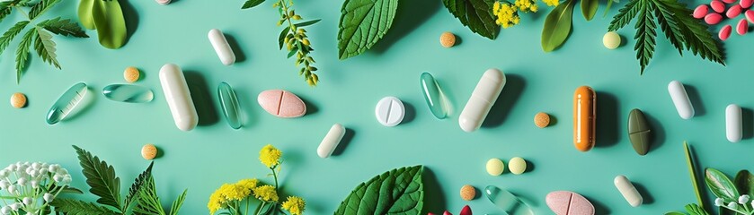 A conceptual image contrasting pharmaceutical drugs and natural herbal medicine on a fresh green background. - obrazy, fototapety, plakaty