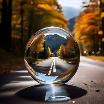 a glass shape of ball on a road 