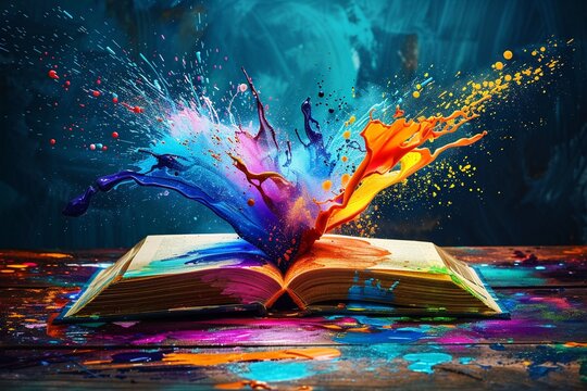 A creative and dynamic explosion of colorful paint splashes from an open book symbolizing imagination.