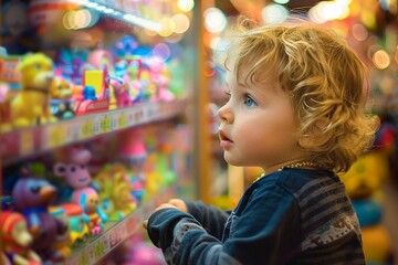 A young child is captivated by a colorful display of toys - obrazy, fototapety, plakaty
