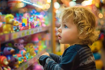Fotobehang A young child is captivated by a colorful display of toys © Creative_Bringer