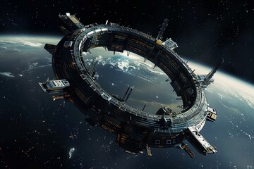 An Advanced space station with a ring structure orbiting in deep space - obrazy, fototapety, plakaty