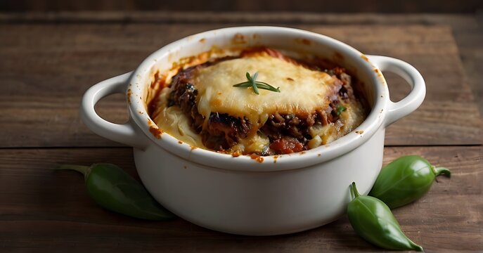 a stunning realistic food photograph featuring a Moussaka, beautifully decorated with intricate details with a focus on exquisite plating and attention to detail