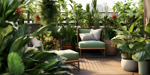 Fototapeta na wymiar An urban roof terrace with potted plants and modern furniture
