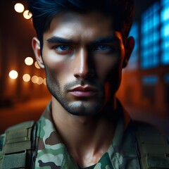 Night-time Military Man with a Determined Look - obrazy, fototapety, plakaty