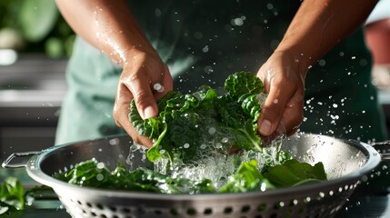 Rinsing fresh spinach leaves in a colander under running water. Kitchen action shot with dynamic water spray. - obrazy, fototapety, plakaty