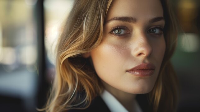 Close-up portrait of a young woman with blonde hair and light makeup. Soft focus photography with blurred background