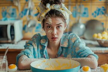 A woman sitting at a table with a bowl of food in front of her, in a messy environment.