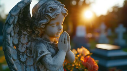 Guardian angel made of granite on a grave on a blurred background with copy space. - obrazy, fototapety, plakaty