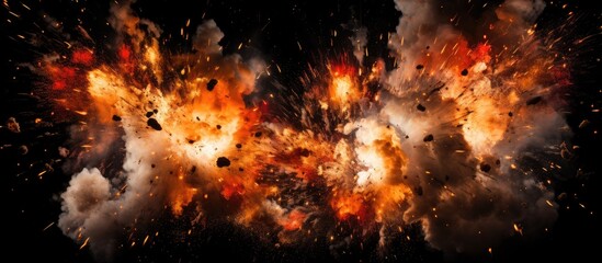 A fierce firecracker explosion unleashing a powerful burst of orange and black smoke against a dark background. The intensity of the explosion creates a striking visual impact. - obrazy, fototapety, plakaty