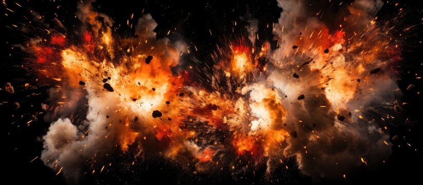 A fierce firecracker explosion unleashing a powerful burst of orange and black smoke against a dark background. The intensity of the explosion creates a striking visual impact.