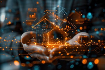Businessman holding a virtual house and financial icon with a growth graph, representing a real estate business concept on a dark background. - obrazy, fototapety, plakaty