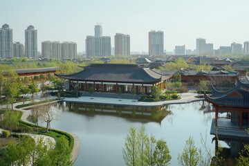 Fototapeta premium A pond in a park with tall buildings in the background under soft sunlight on a clear day.