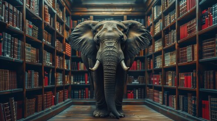 Elephant Standing in Library - obrazy, fototapety, plakaty