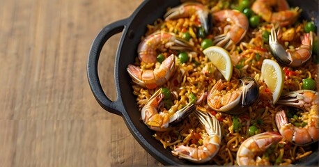 a stunning realistic food photograph featuring a Paella, beautifully decorated with intricate details with a focus on exquisite plating and attention to detail