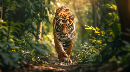 Majestic tiger stalking in forest sunlight