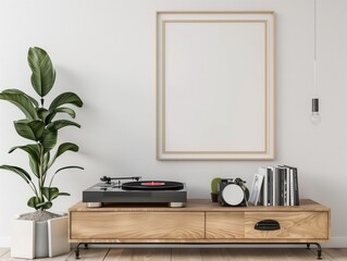 vertical blank frame hanging on wall, above a record player on wooden cabinet, natural light, white wall