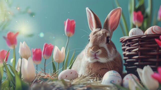 Happy Bunny Rabbit with few easter eggs in beautiful studio background with tulips and spring decorations created with Generative AI Technology