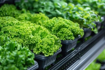 Fresh green salad growing in pots on supermarket shelves