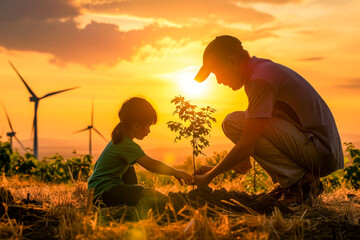 Fototapeta premium A man and a little girl are planting a tree together