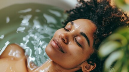 Relaxed woman lying in a bathtub with water and plants around. High-resolution spa and wellness...