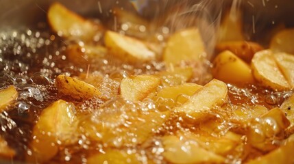 The process of frying potatoes in hot oil, fast food restaurant. AI generated image - obrazy, fototapety, plakaty