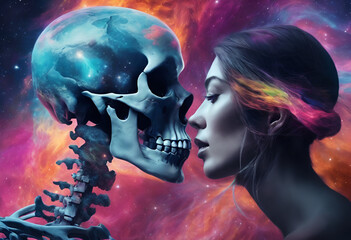 skeleton and a human face in the space, nebula with the shape of a skull, colorful flat surreal ethereal, skull liminal void background, xray melting colors, space quantum death. - obrazy, fototapety, plakaty