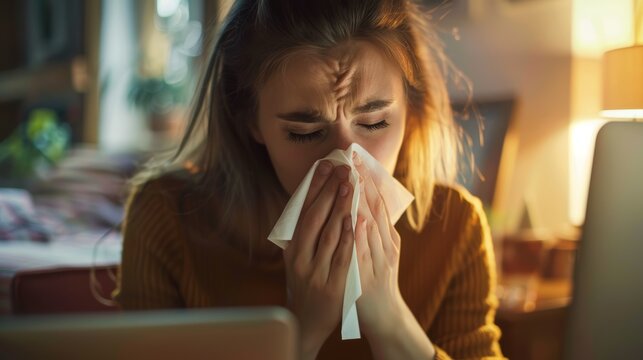 Sick young woman blowing nose with tissue in front of laptop. Health and illness concept with copy space for design and print