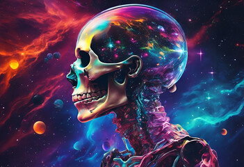 skeleton and a human face in the space, nebula with the shape of a skull, colorful flat surreal ethereal, skull liminal void background, xray melting colors, space quantum death. - obrazy, fototapety, plakaty