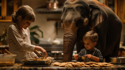 Woman and Child Feeding Elephant