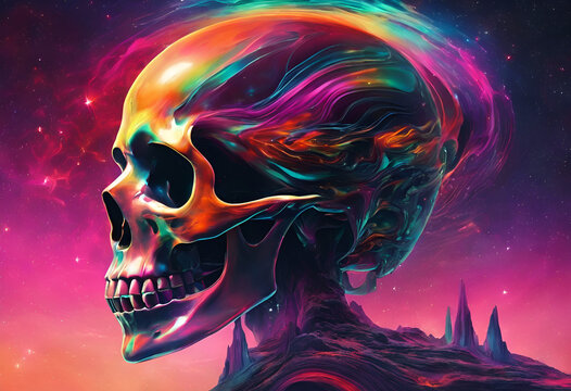 skeleton and a human face in the space, nebula with the shape of a skull, colorful flat surreal ethereal, skull liminal void background, xray melting colors, space quantum death.